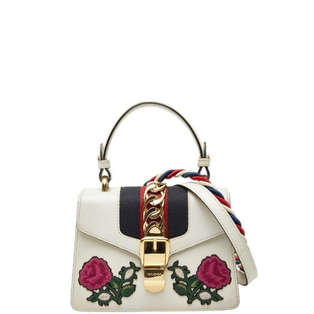 Gucci Sylvie Rose Applique Mini Leather Handbag White